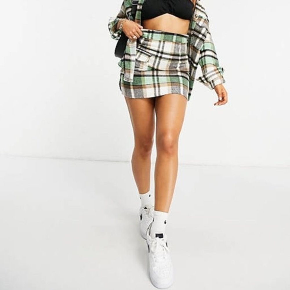 ASOS Green White Tan Plaid Heartbreak High Rise Mini Skirt